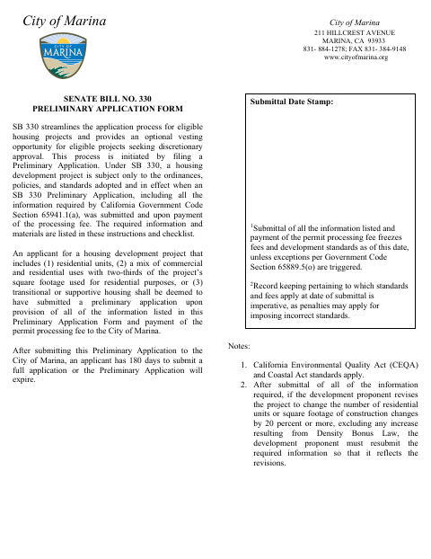 First page of the Senate Bill No. 330 Preliminary Application Form