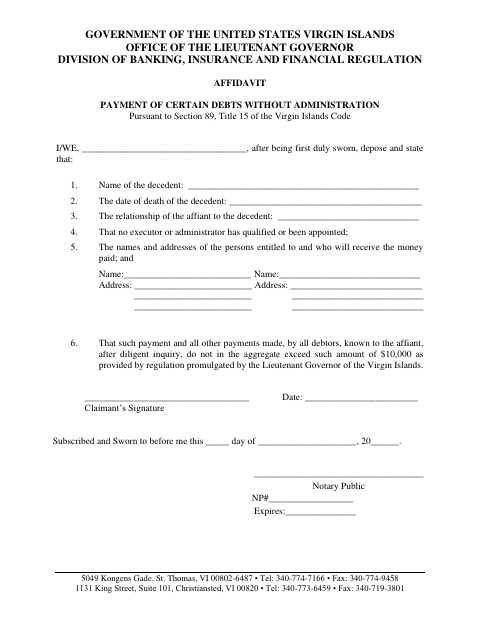 First page of the Affidavit Payment of Certain Debts Without Administration