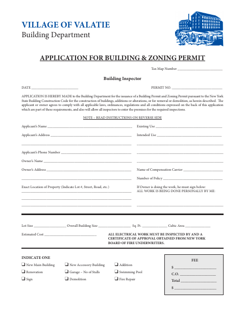 First page of the Application for Building & Zoning Permit