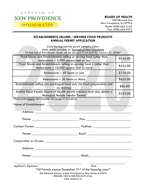 First page of the Establishments Selling or Serving Food Products Annual Permit Application
