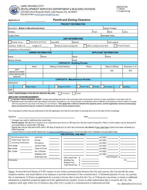 First page of the Mobile or Manufactured Home Permit and Zoning Clearance Application