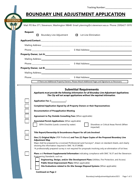 First page of the Boundary Line Adjustment Application
