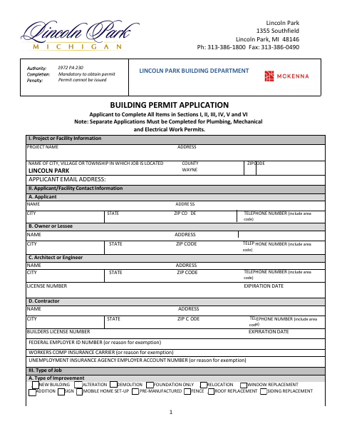 First page of the Building Permit Application