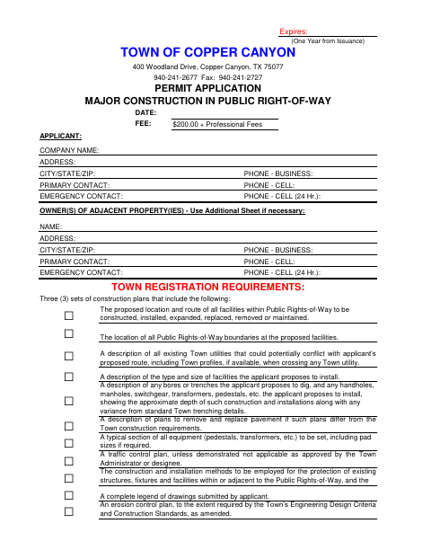 First page of the Permit Application for Major Construction in Public Right-of-Way