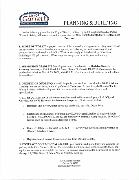 First page of the Sidewalk and Curb Replacement Bid Packet