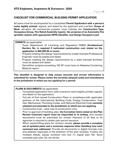 First page of the Checklist for Commercial Building Permit Application