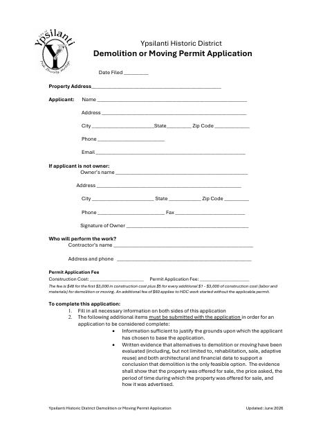 First page of the Historic District Demolition or Moving Permit Application