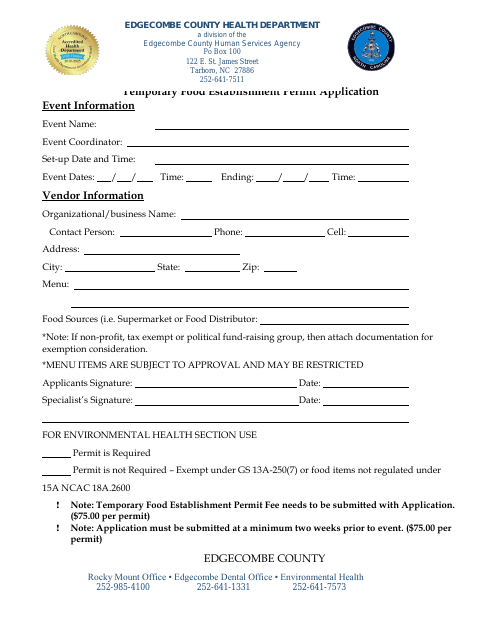 First page of the Temporary Food Establishment Permit Application