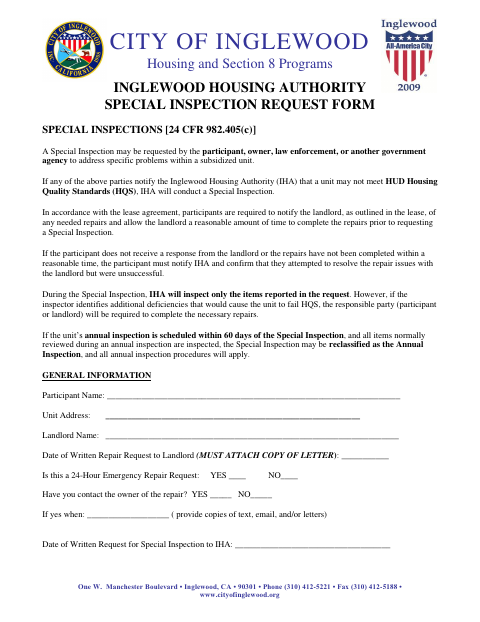 First page of the Special Inspection Request Form