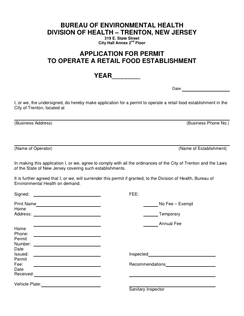 First page of the Application for Permit to Operate a Retail Food Establishment