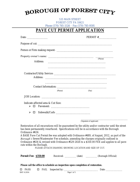 First page of the Pave Cut Permit Application