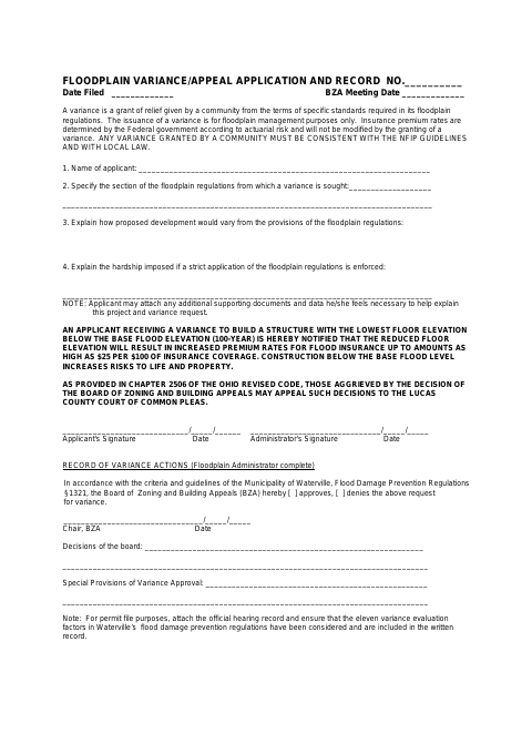 First page of the Floodplain Variance/Appeal Application