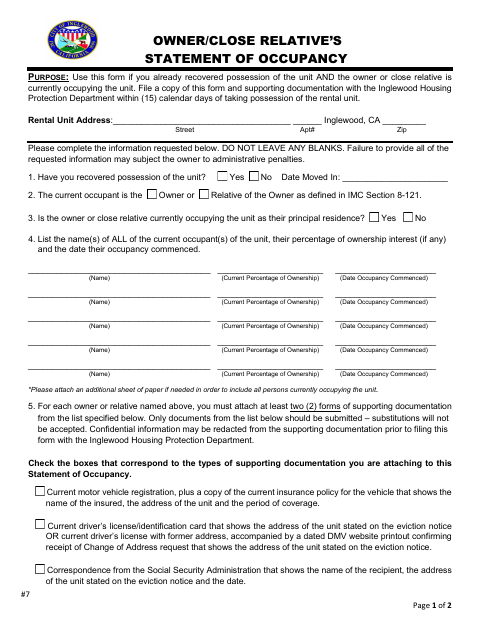 First page of the Owner/Close Relative’s Statement of Occupancy