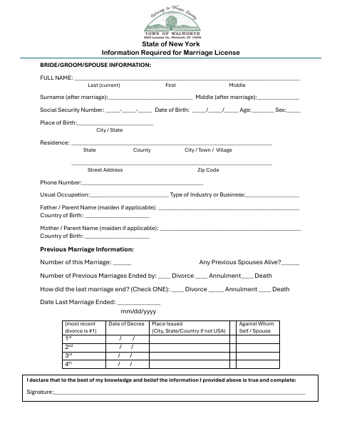 First page of the Marriage License Application and Information
