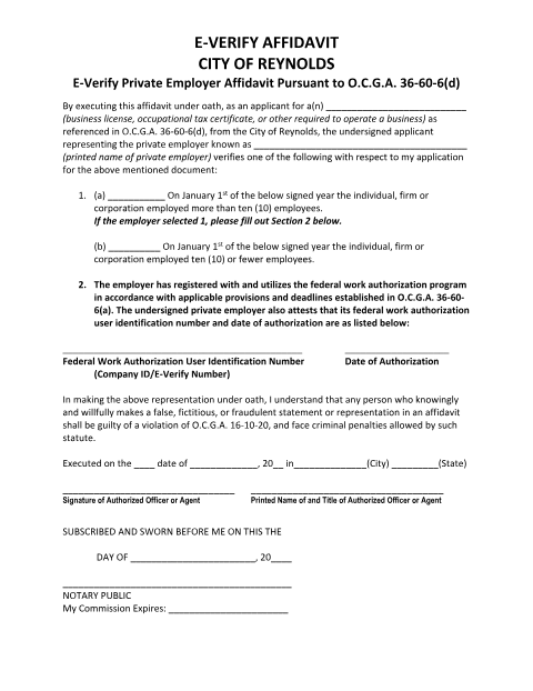 First page of the E-Verify Private Employer Affidavit