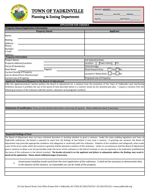 First page of the Variance Application
