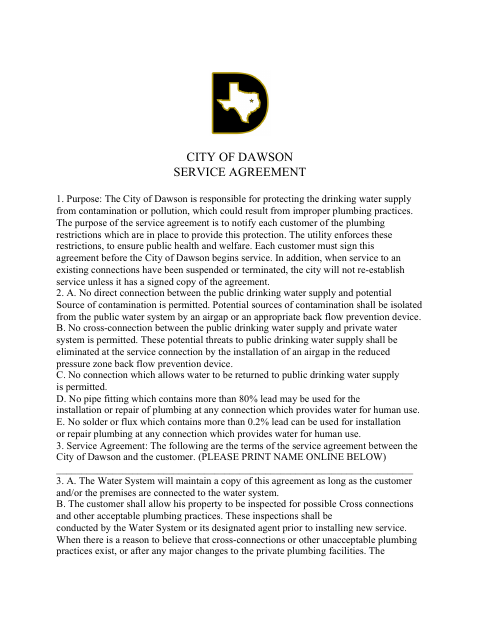 First page of the Water Service Agreement and Application