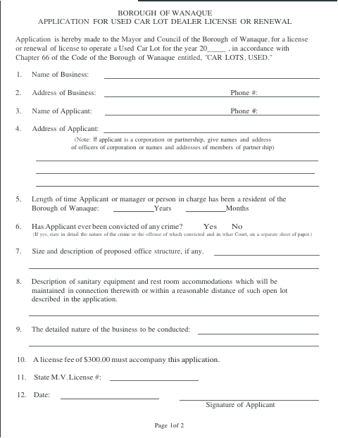 First page of the Application for Used Car Lot Dealer License or Renewal