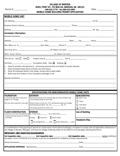 First page of the Mobile Home Building Permit Application