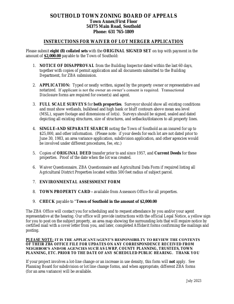 First page of the Waiver of Lot Merger Application
