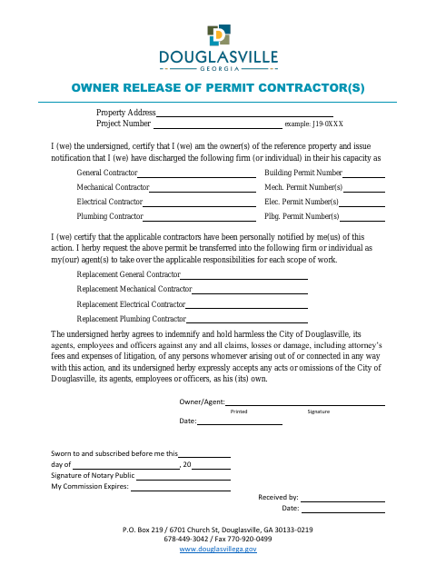 First page of the Owner Release of Permit Contractor(s)