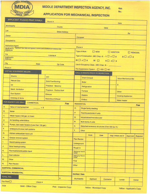 First page of the Mechanical Inspection Application