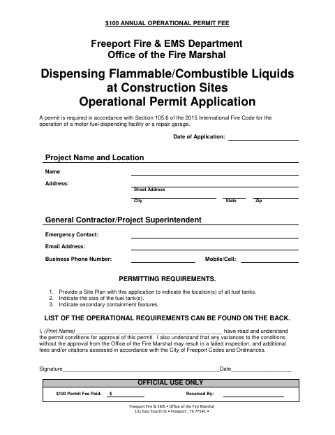 First page of the Dispensing Flammable/Combustible Liquids at Construction Sites Operational Permit Application