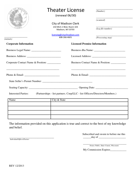 First page of the Theater License Application