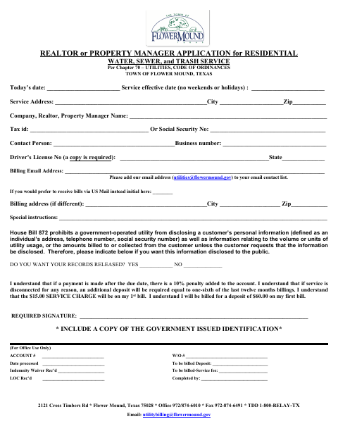 First page of the Realtor or Property Manager Application for Residential Water, Sewer, and Trash Service