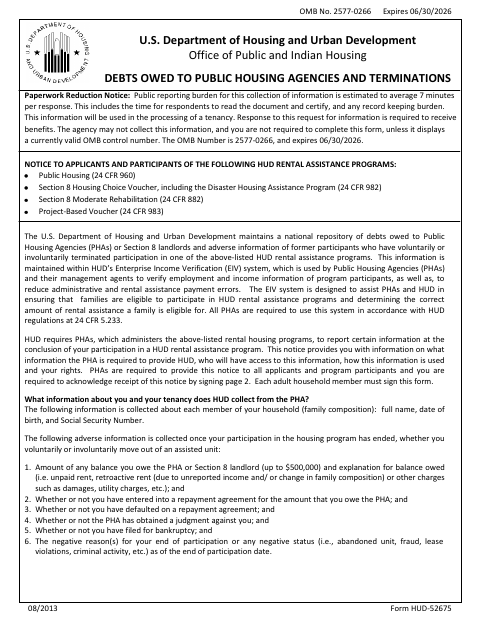 First page of the Debts Owed to Public Housing Agencies and Terminations