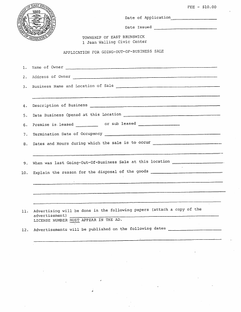 First page of the Going-Out-of-Business Sale Application