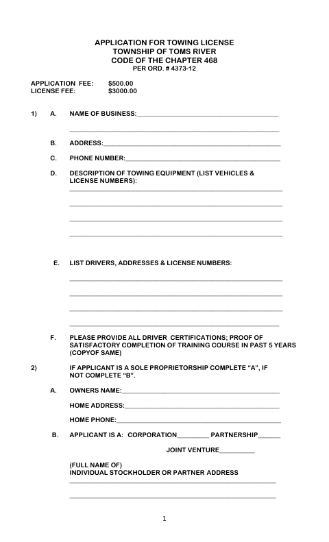 First page of the Towing License Application