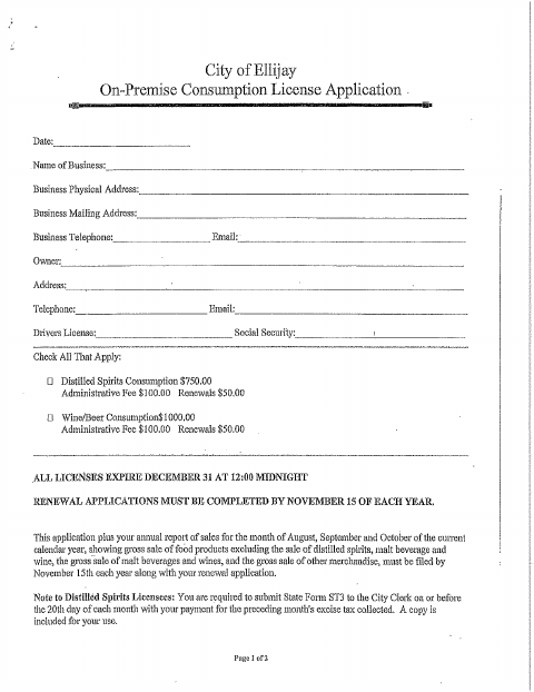 First page of the On-Premise Consumption License Application