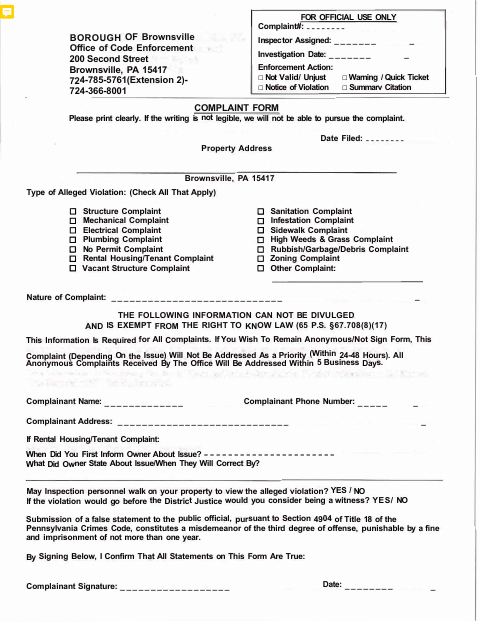 First page of the Code Complaint Form