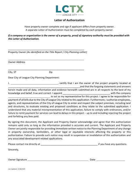 First page of the Letter of Authorization Form