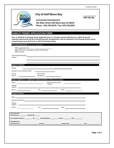 First page of the Parklet Permit Application Form