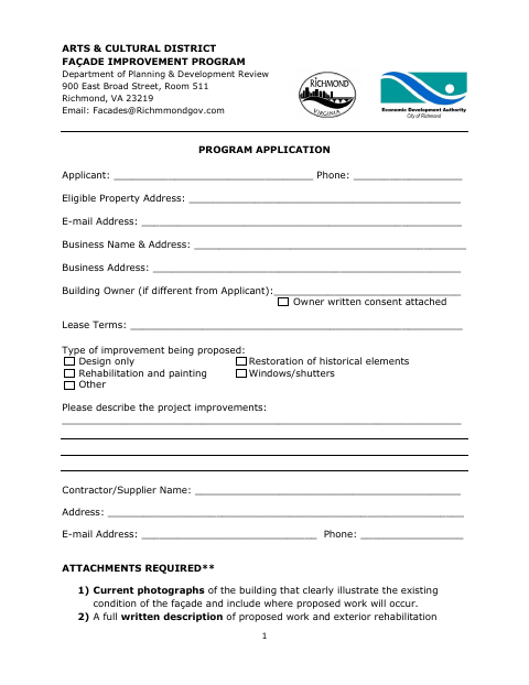 First page of the Arts & Cultural District Façade Improvement Program Application