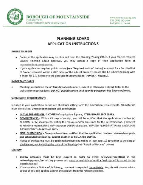 First page of the Planning Board Land Use Application