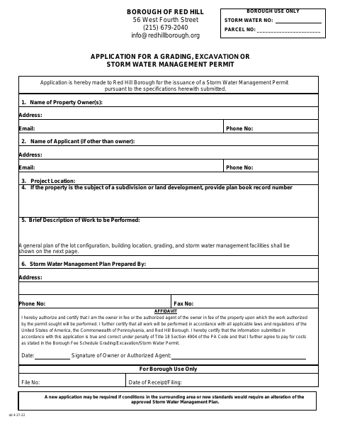 First page of the Application for a Grading, Excavation or Storm Water Management Permit
