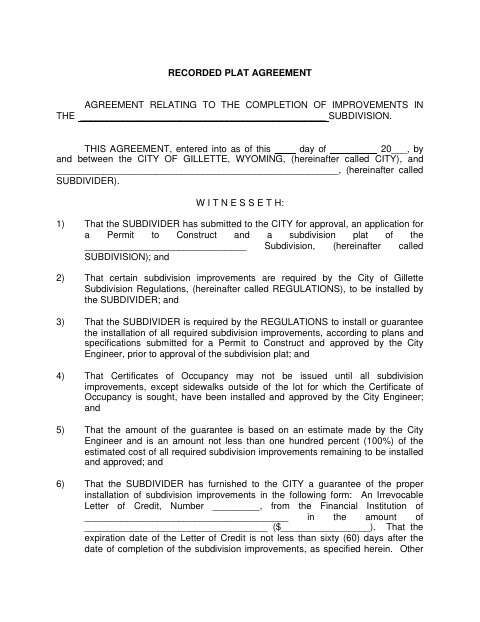 First page of the Recorded Plat Agreement
