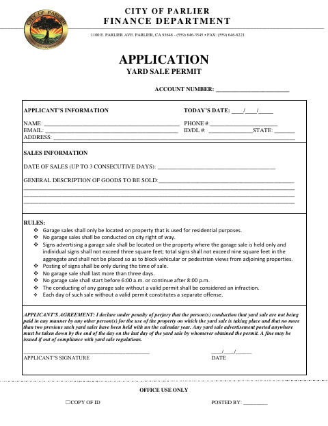 First page of the Yard Sale Permit Application