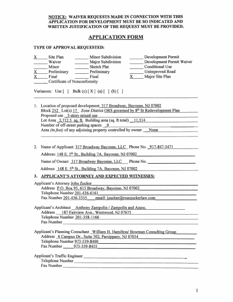 First page of the Development Application and Variance Relief