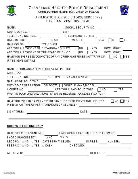 First page of the Solicitors / Peddlers / Itinerant Vendors Permit Application