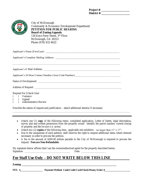 First page of the Petition for Public Hearing (Board of Zoning Appeals)