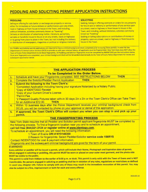 First page of the Peddler and Solicitor Permit Application