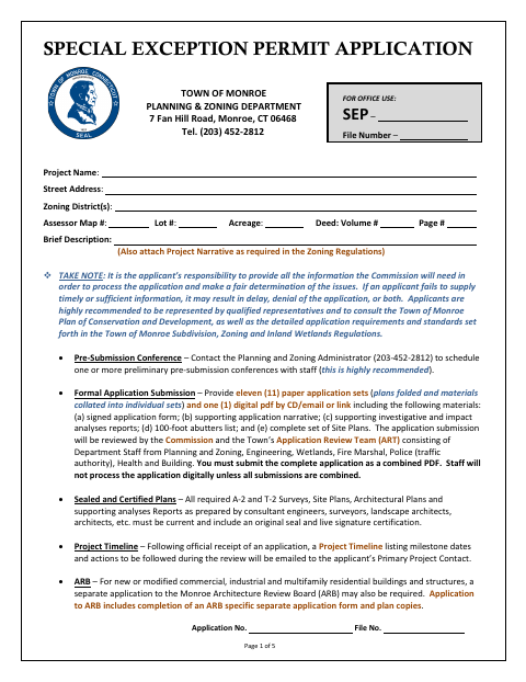 First page of the Special Exception Permit Application