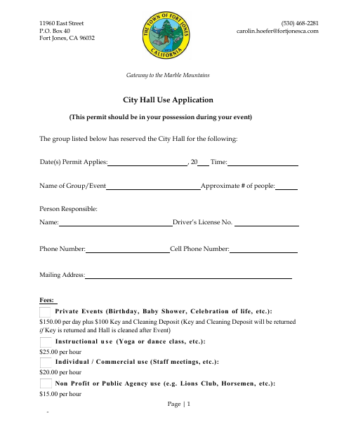 First page of the City Hall Use Application