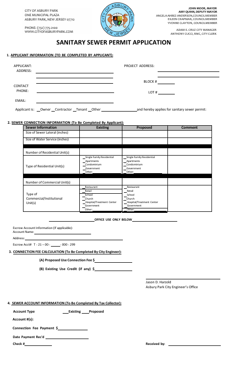 First page of the Sanitary Sewer Permit Application