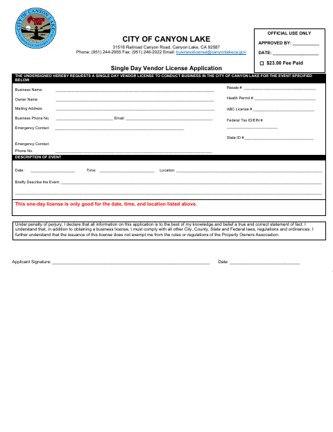 First page of the Single Day Vendor License Application