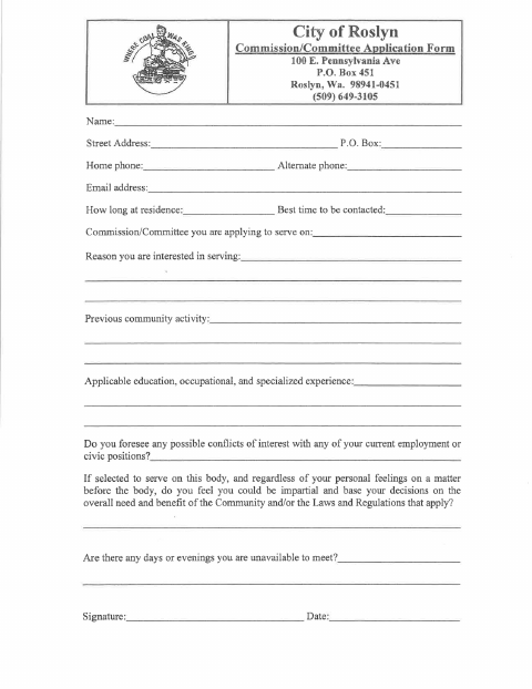 First page of the Commission/Committee Application Form